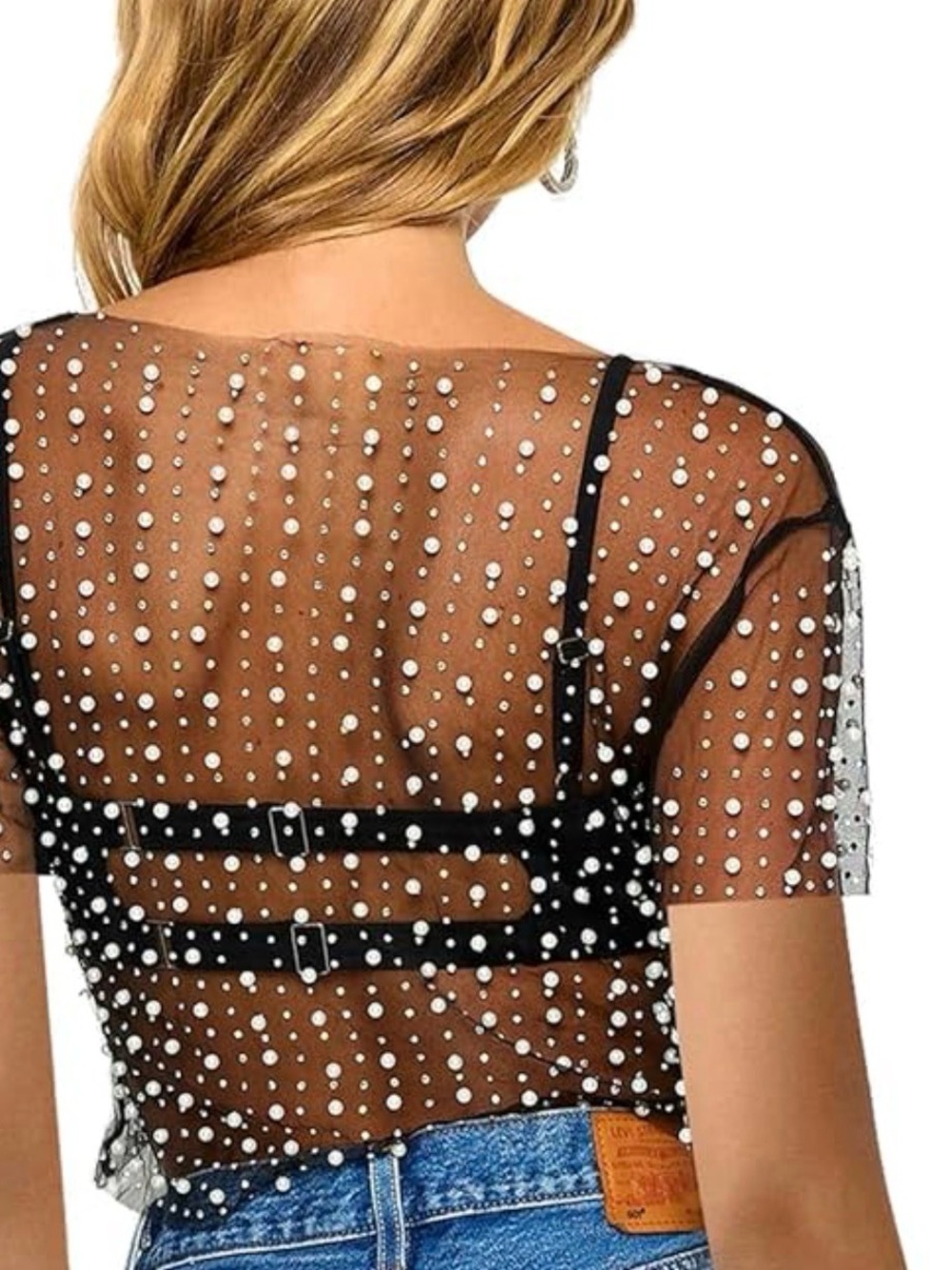 Black Sheer Pearl-Studded Mesh Crop Top - Women